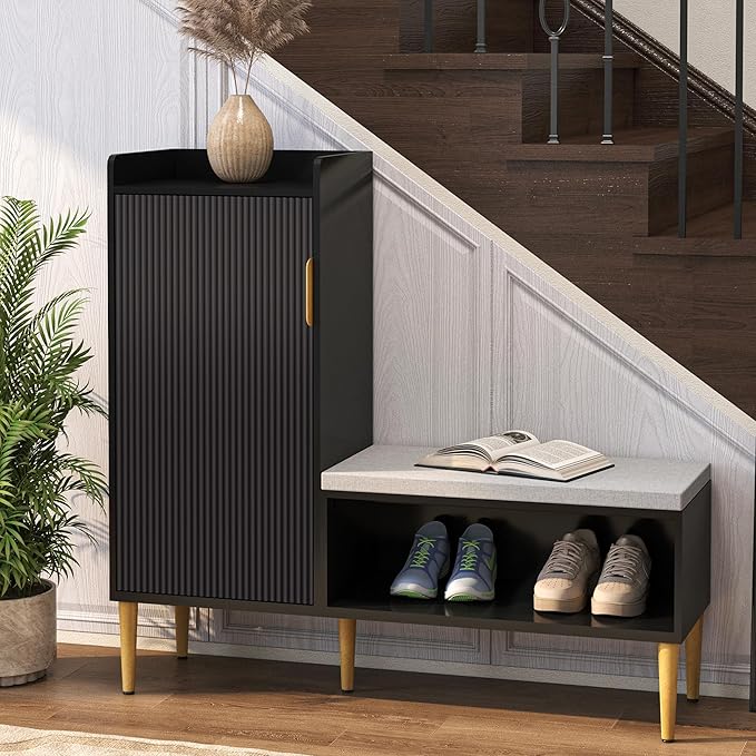 Storage Bench with Fluted Door&Shelf, Modern Entryway Bench with Padded Seat, L-Shaped Shoe Organizer Cabinet for Hallway, Living Room, Office, Black