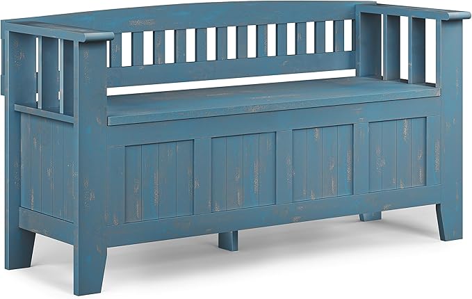 SIMPLIHOME Acadian Solid Wood 48 inch Wide Storage Bench that Seats 2 and 36 inch Wide Storage Cabinet in Distressed Coastal Blue for the Living Room, Entryway, and Family Room, Transitional Style