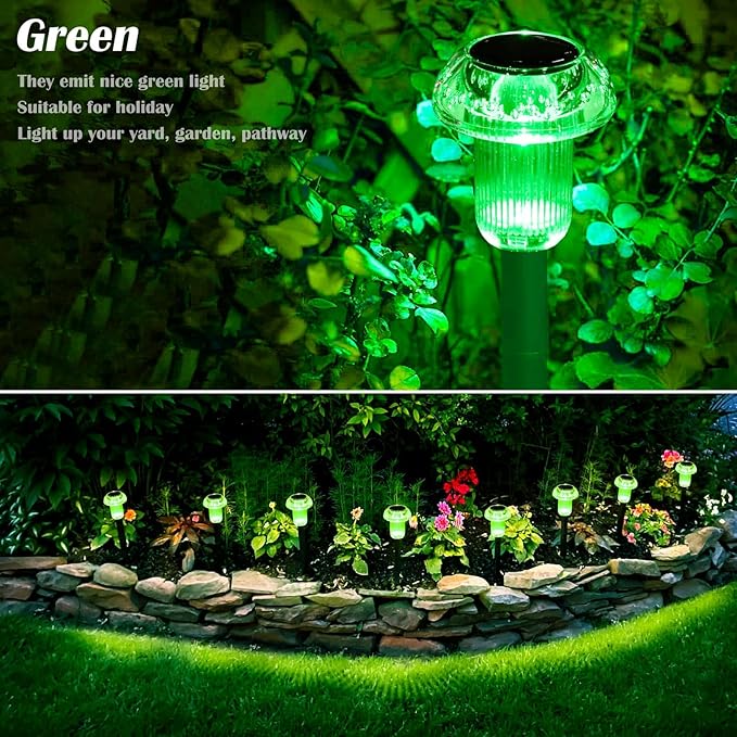 Solar Lights Outdoor Pathway Waterproof 8 Pack Green Stake LED Green Stake Acrylic Mushroom Decorative Garden Lights for Yard Landscape Patio Outside Decor