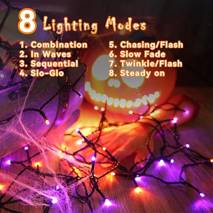 ITICdecor 33ft 100 LED Halloween Lights, Purple & Orange Halloween String Lights Waterproof Battery Operated, 8 Modes Decorative Lights for Indoor Outdoor Party Garden