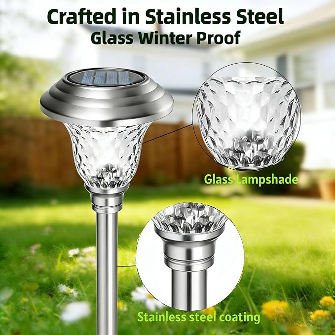 BEAU JARDIN 8 Pack Solar Pathway Lights White+ Color Changing Stainless Steel 3 Mode Outdoor Multicolor Metal Solar Powered Waterproof Glass for Garden Landscape Path Yard Walkway Driveway Silver