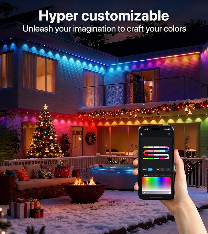 Permanent Outdoor Lights for House: 100FT RGB+IC LED Eave Light with Smart APP & Remote Control, 72 Scene Modes, IP65 Waterproof String Lights-Party, Christmas Decoration(Extension Cord Not Included)