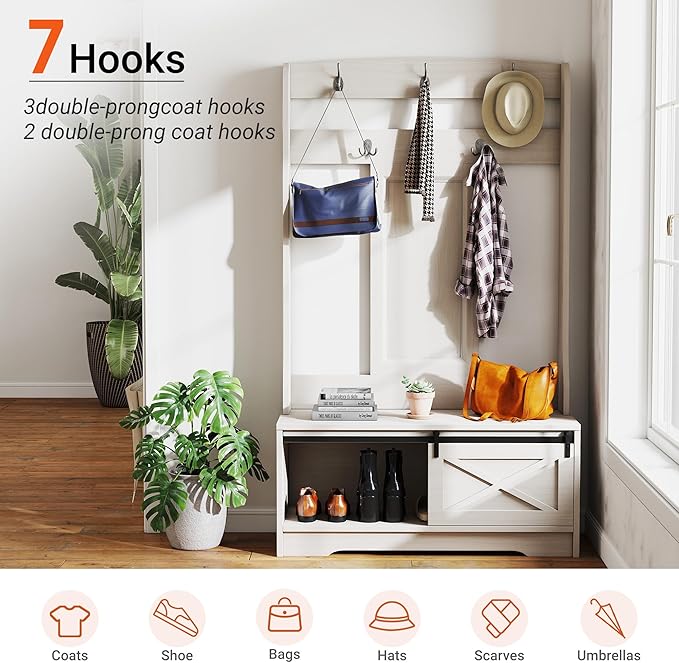 65" Farmhouse Hall Tree with Bench - 3-in-1 Entryway Organizer: Shoe Rack, Coat Hooks & Storage Shelves for Mudroom, Hallway (Rustic White)