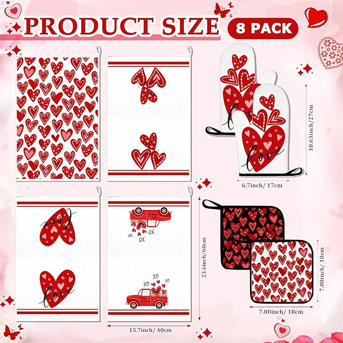 8 Pcs Red Heart Kitchen Decor and Accessories Set 4, Kitchen Dish Towels, Red Love Heart 2 Oven Mitt 2 Pot Holders for Home Decoration Cooking Baking, Mom Daughter Gift Housewarming