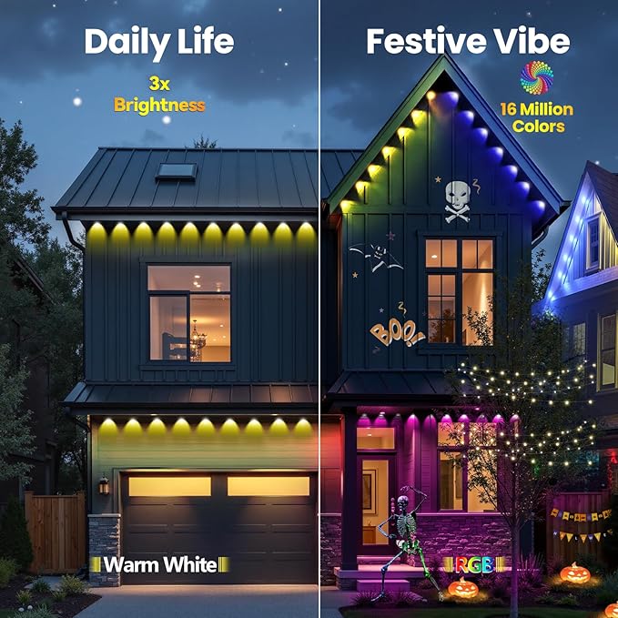 Permanent Outdoor Lights for House, 300ft RGB+IC Smart LED Eaves Lights, IP67 Waterproof Outdoor Lighting with App/Remote Control for Christmas, New Year, Halloween, Holiday, Party, Daily