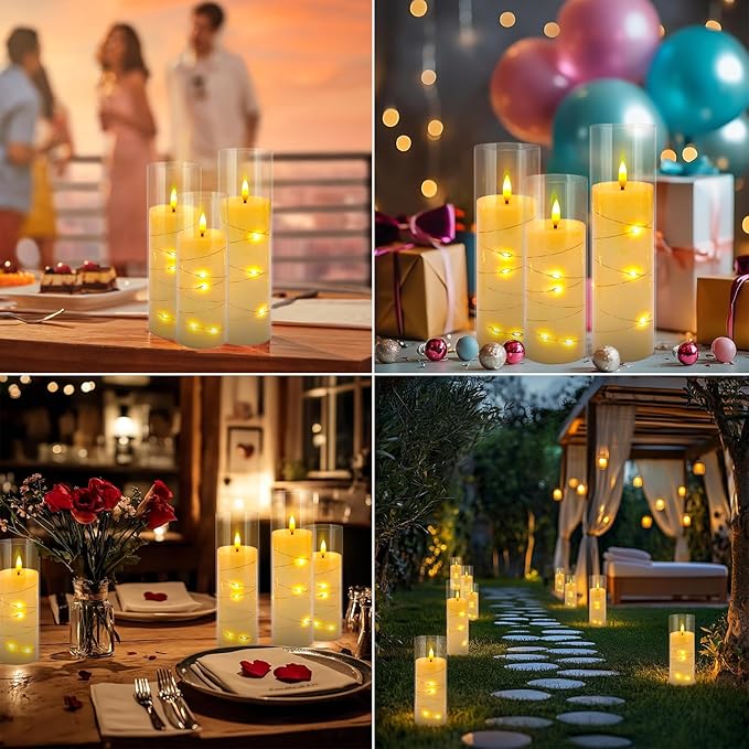 24 Pcs LED Flameless Candles with Remote, 3D Flickering Flame & LED String Lights, Acrylic Clear Cylinder, Timer Function, Romantic Ambience for Home Decor, Party, Wedding.