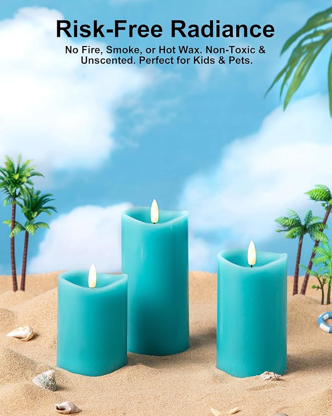 Teal Flameless Candles with Remote Timer, Real Wax Made LED Pillar Candles Battery Operated with 3D Flickering Flame, Teal Bathroom Accessories, Turquoise Set of 3 (3" x 4",5",6")