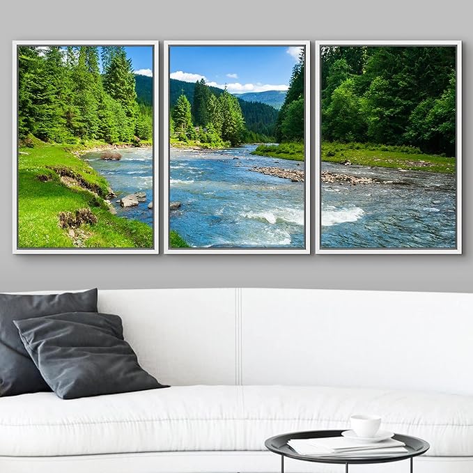 wall26 - 3 Piece Framed Canvas Wall Art - Landscape with Mountains Trees and a River in Front - Modern Home Art Stretched and Framed Ready to Hang - 16"x24"x3 White