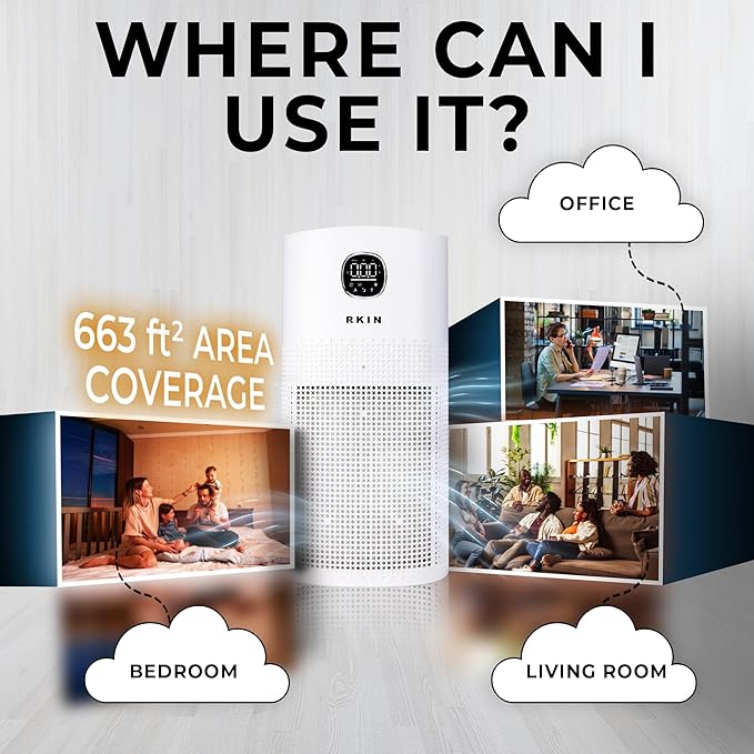 RKIN HEPA 14 Smart Air Purifier - Large Room Air Purifier with PM2.5 Monitor, WiFi & App Control for Pet Hair, Odors, Pollen & Smoke for Home, Covers Up to 663 Ft², Auto, Turbo, and 29.5db Sleep modes