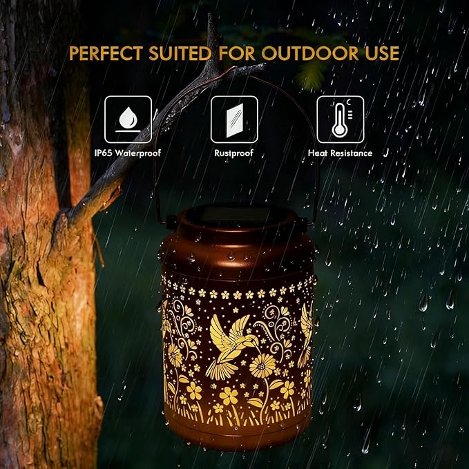 Gifts for Women Mom, 2 Pack Solar Lanterns Outdoor Garden Solar Lights Waterproof Hummingbird Decorative Hanging Metal Lights Gardening Gift for Outside Yard, Patio, Backyard, Farm