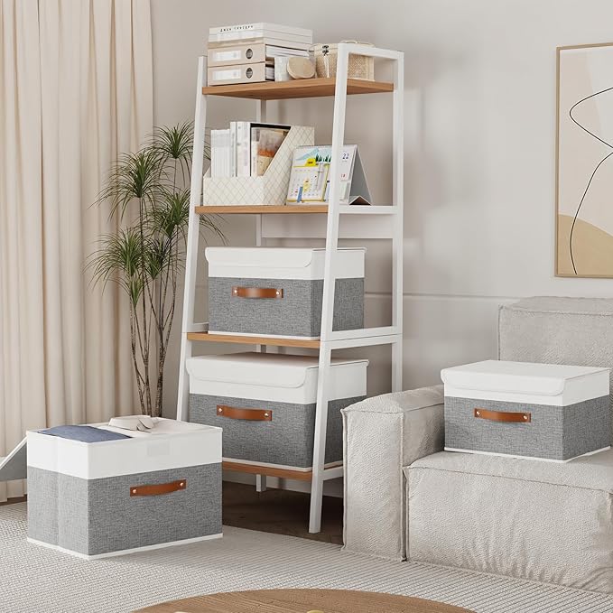 Yawinhe Collapsible Storage Bin, Cube Organizer Basket, Fabric Box with Lids, Washable and Leather Handle, for Home, Closet, White/Grey, 13.0''Lx9.0''Wx7.9''H, 3-Pack, SNK024WGS-3