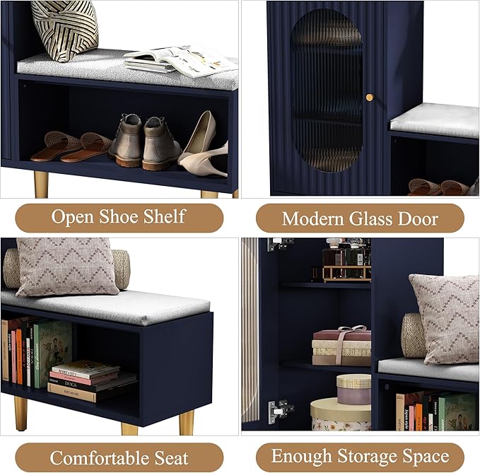 HLR Storage Bench Set of 2, Blue Modern Entryway Shoe Cabinet Bench with Glass Door&Shelf, L-Shaped Storage Cabinet with Padded Seat for Hallway, Bedroom, Living Room, Office