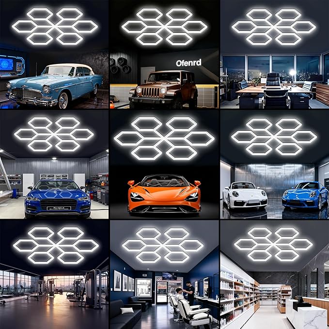 Hexagon Garage Lights 5 Hex Super Bright Led Lights Octagon Honeycomb Commercial Lighting for Garage Car Detailing Barber Shop Gym Warehouses Basement.
