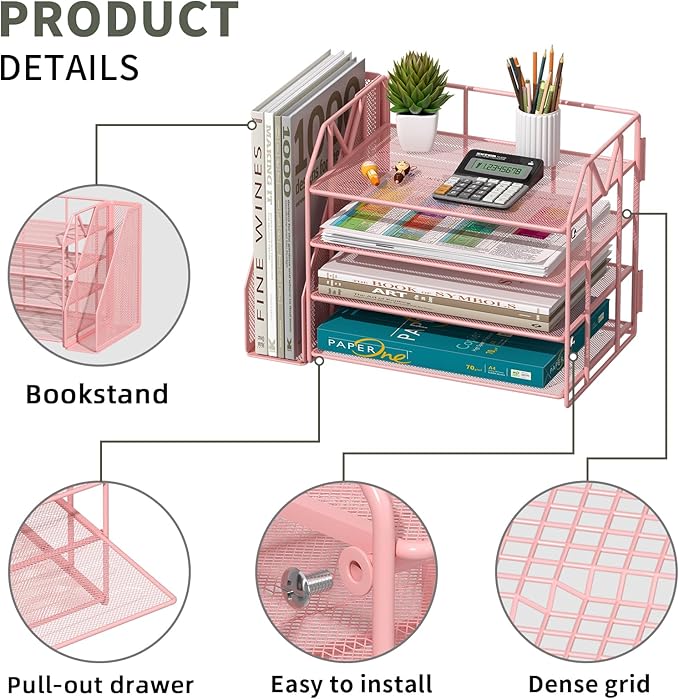 Pink Desk Organizers and Accessories with File Holder – Aesthetic Desk Accessories for Teen Girls – Decorative Office Desk Set with Magazine Rack – Room Desk Accessories for Women Office Setup