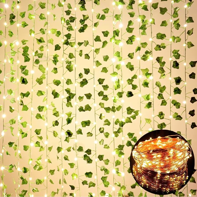 Comtelek 12 Pack Fake Vines for Room Decor with 100 LED String Light Artificial Ivy Garland Hanging Plants Faux Greenery Leaves Bedroom Aesthetic Decor for Home Garden Wall Wedding