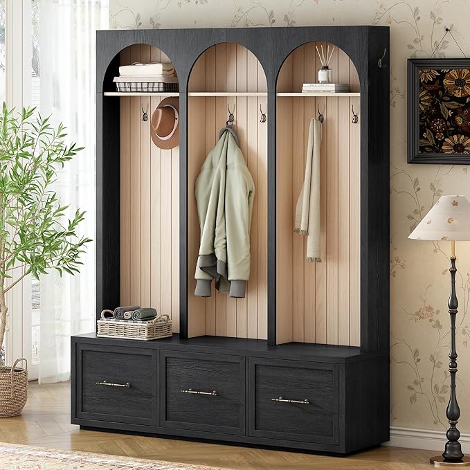 Merax Farmhouse Wood Hall Tree with 8 Hooks and Shoe Bench, Mudroom Versatile Coat Racks with 3 Drawers, Entrance Organizer for Hallway Black