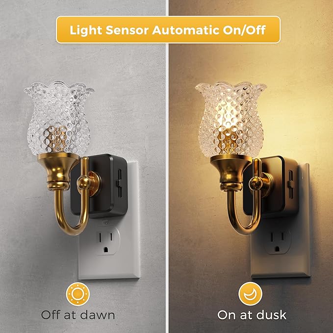 L LOHAS LED Night Lights Plug into Wall, 2 Pack 3000K Soft White LED Floral Night Lights with Auto Sensor, 0-100lm Adjustable Brightness, for Hallway Bedroom Stairway
