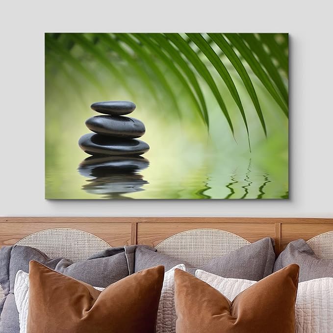 wall26 Canvas Print Wall Art Black Rocks on Seren Green Tropical Lake Floral Nature Photography Realism Bohemian Scenic Relax/Calm Cool for Living Room, Bedroom, Office - 12"x18"