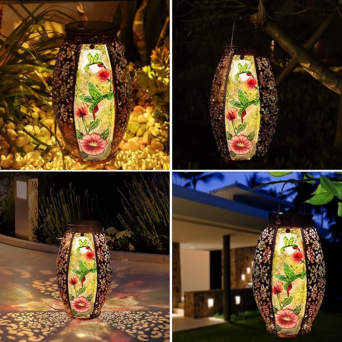 Larekook Hummingbird Solar Lantern Outdoor Waterproof,13" Large Metal Hanging Lantern Decorative,Hummingbird Solar Lights for Yard Lawn Porch Patio Garden Decor,Birthday Gifts for Women Mom