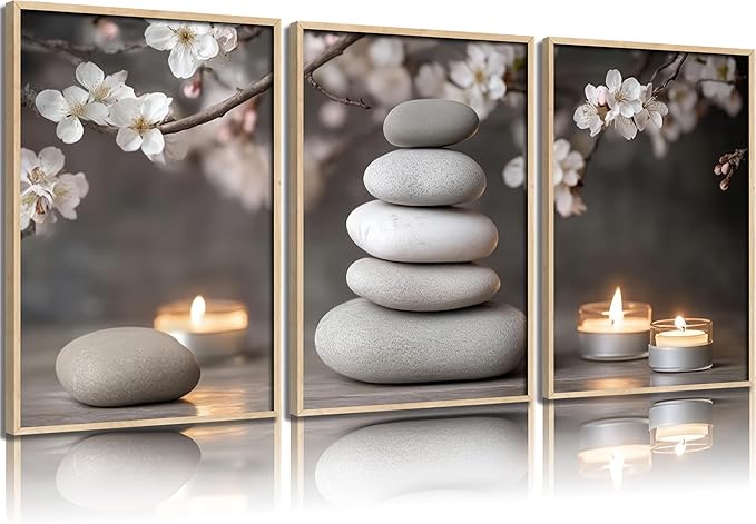 ZHJIOFXG 3 Piece Zen Canvas Wall Art Stacked Stones Cherry Blossom Candle Spa Wall Decor Calming Minimalist Neutral Poster Print Art for Bathroom Bedroom Yoga Room Office Living Room 12x16in Unframed