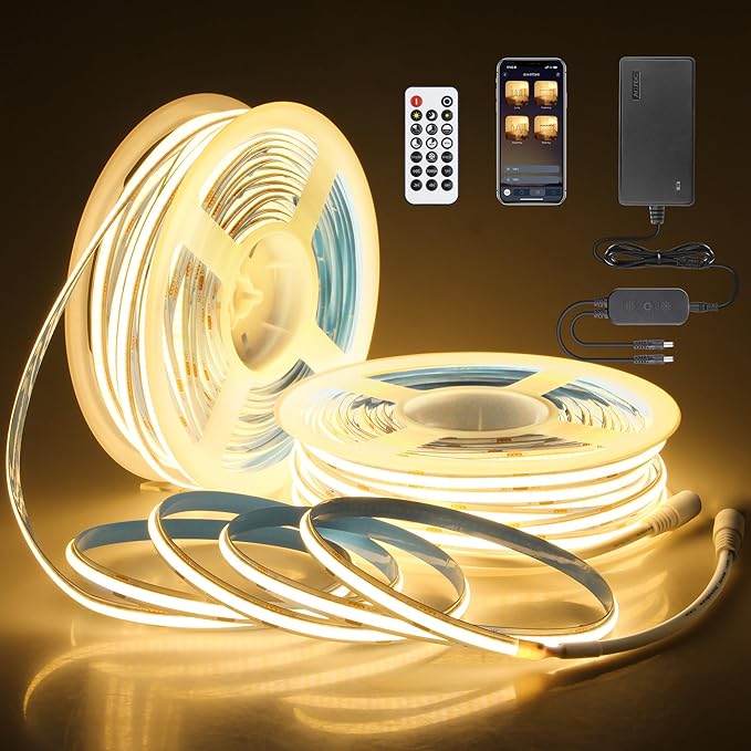 24V COB Led Light Strip 3000K 100FT with Dam-Process Bluetooth Dimmable Flexible COB LED Strip Tape Light with Remote for Bedroom Warm White CRI90+ 480LED/M Hight Density for Home Lighting 30M/2roll