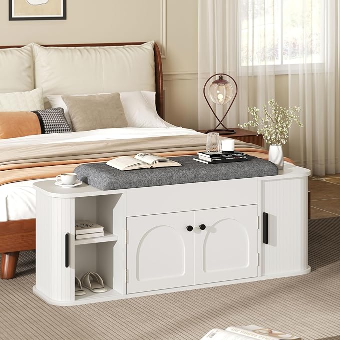47.2'' Entryway Shoe Storage Bench with Seat Cushion & Sliding Door, Shoe Rack with Lift-Top Hidden Storage & Adjustable Shelf, Bench for Bedroom End of Bed, White