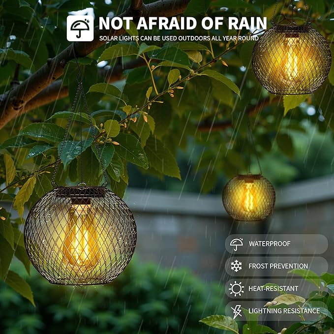 Modern Solar Mesh Globe Pendant Lights, Black Metal Hanging Spherical Lanterns with Edison Bulbs, Chain-Mounted, Indoor Outdoor (Black-4-Pack)