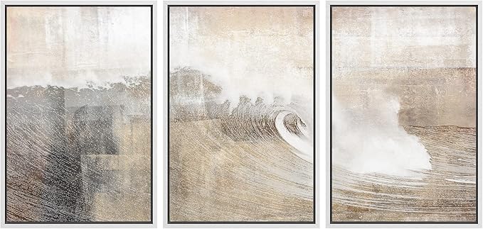 wall26 Framed Canvas Print Wall Art Set Gray & Tan Color Block Ocean Wave Overlay Nature Wilderness Digital Art Modern Art Rustic Scenic for Living Room, Bedroom, Office - 16"x24"x3 White
