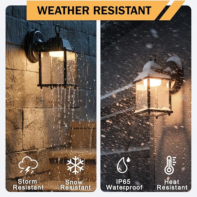 LIT-PaTH Dusk to Dawn Outdoor Wall Lantern, LED Wall Sconce, 3000K Warm White, 9.5W, 800 Lumen, Aluminum Housing Plus Glass, Outdoor Rated, 2-Pack, Black