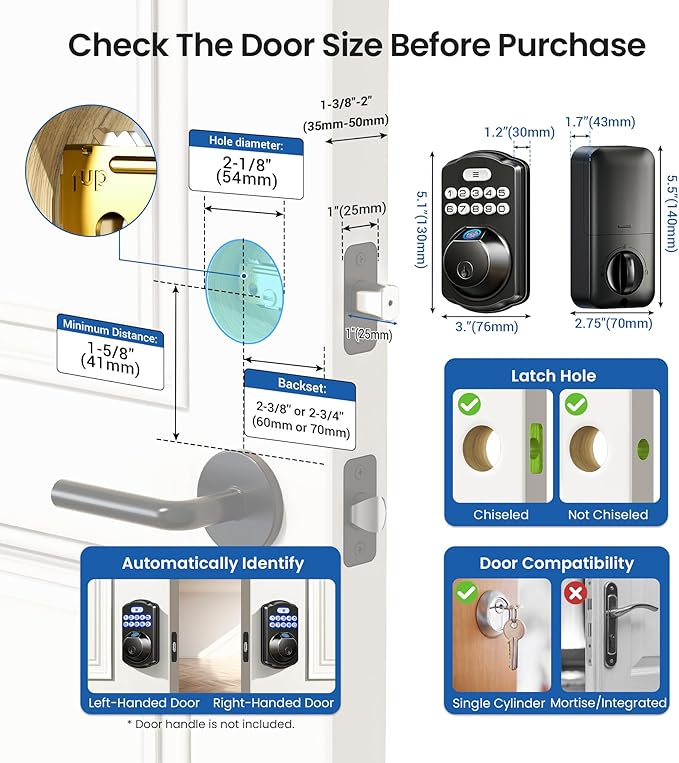 Veise KS02A Fingerprint Keyless Entry Door Lock, Auto Lock, Electronic Keypad Deadbolt for Front Door, Biometric, Anti-Peeping Password, Easy Install, Matte Black