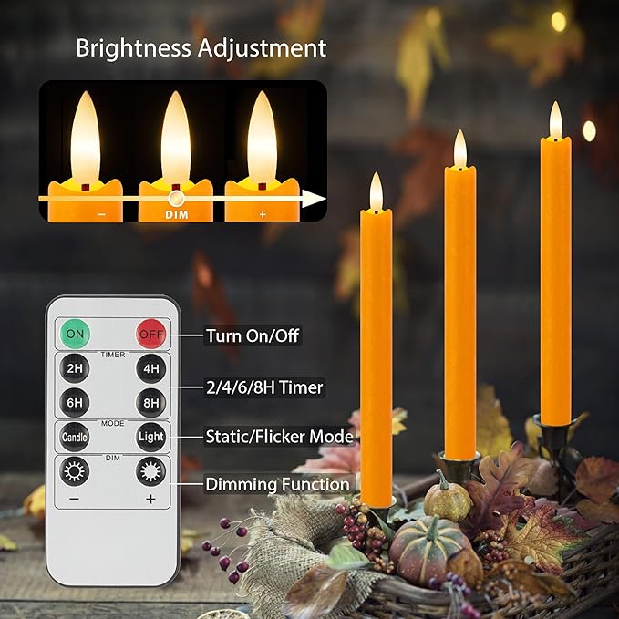 Orange Flameless Candles with Remote, 9.6" Fall Candles with Remote, Real Wax Battery Operated Candles Flickering Flameless Taper Candlessticks for Fall, Thanksgiving, Harvest, Halloween Decor, 3 Pack