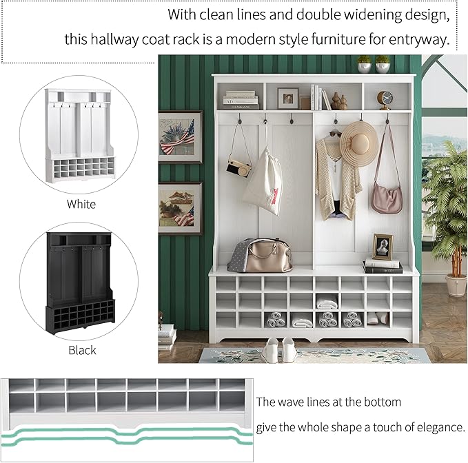 Modern Style Multiple Functions Hallway Coat Rack with Metal Black Hooks, Entryway Bench 60" Wide Hall Tree with Ample Storage Space and 24 Shoe Cubbies (White)