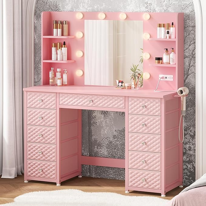 Pink Vanity with Lights and Mirror, 11 Drawer Makeup Vanity with Power Strip, 6 Open Shelves, 43.3” Vanity Desk with Storage, Dressing Table with 3 Color Modes for Bedroom, Women, Girls (Pink)
