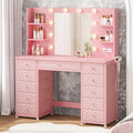 Pink Vanity with Lights and Mirror, 11 Drawer Makeup Vanity with Power Strip, 6 Open Shelves, 43.3” Vanity Desk with Storage, Dressing Table with 3 Color Modes for Bedroom, Women, Girls (Pink)