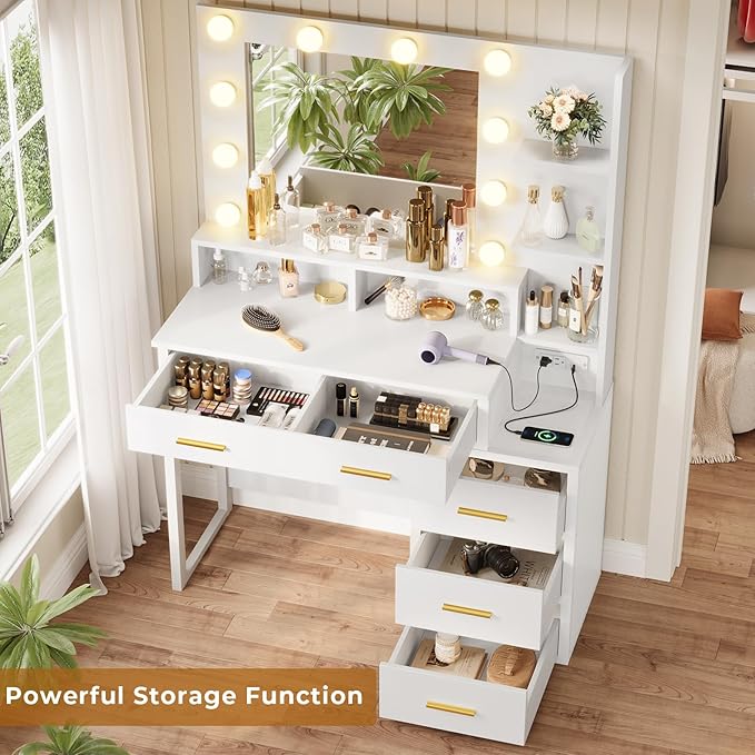 Tiptiper White Makeup Vanity with 10 Light Bulbs, Modern Vanity Desk with Mirror & 3 Lighting Modes, Vanity Table with 2 USB Ports and Outlets, Makeup Desk with Nightstand, Storage Shelves and Drawers