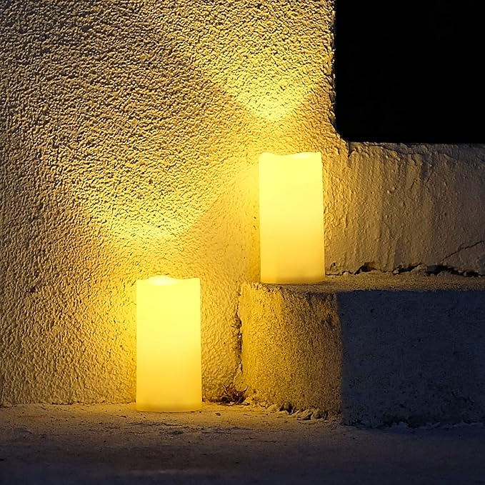 NONNO&ZGF 3X 6'' Outdoor Waterproof Flameless Candles, 3 Pack, Warm White LED Resin Rainproof Pillar Battery Plastic Candle with Remote Control/Timer.