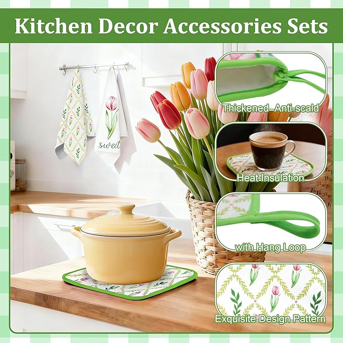 8 Pcs Tulip Floral Spring Style Kitchen Towels and Oven Mitts and Pot Holders Sets 4 Dish Towels 2 Absorbent Square Potholders 2 Heat Resistant Glove for Cooking Baking Home Gifting ﻿