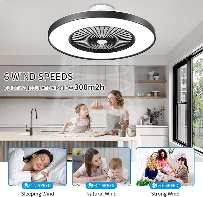 24" RGB Low Profile Ceiling Fan with Light, Smart Bladeless Ceiling Fan with APP/Alexa/Remote Control, 6-Speed Silent Reversible DC Motor, Dimmable Color Changing LED, Black