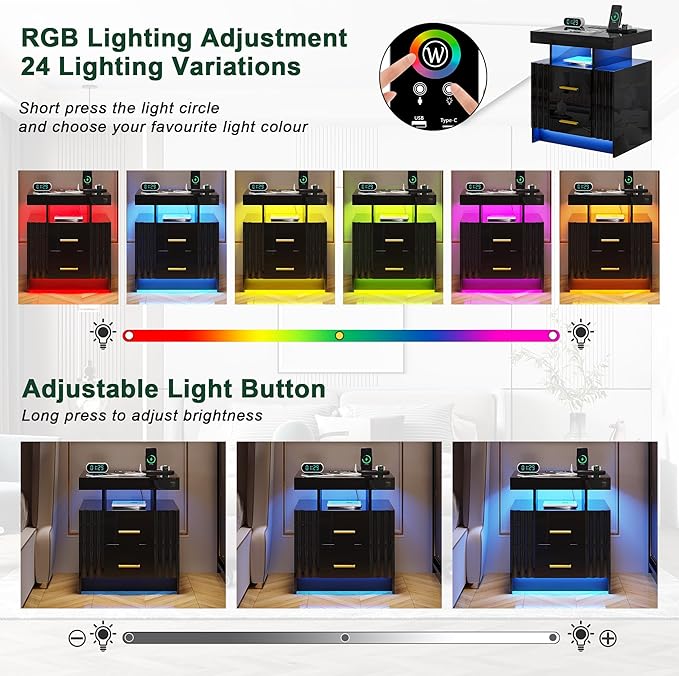 Nightstand with Wireless Charging Station, Bedroom Bedside Table with RGB Lights, Smart Night Stand with 2 Drawers, Bedside Tables Modern Bedside Table for Bedroom, Living Room(Black)