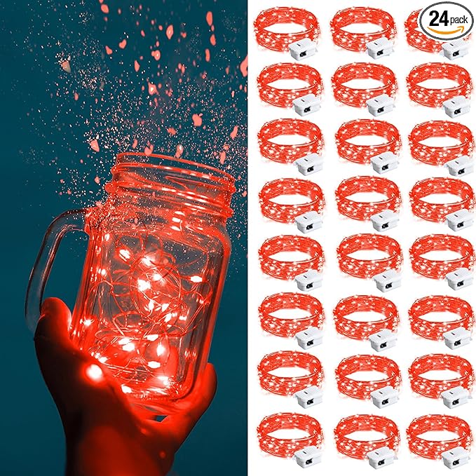 ZGWJ Fairy Lights Battery Operated, 24 Pack Red Mini String Lights 20 LED 7FT Mason Jar Lights 3 Lighting Mode for Bedroom, Halloween, Christmas, Party Indoor and Outdoor Decoration
