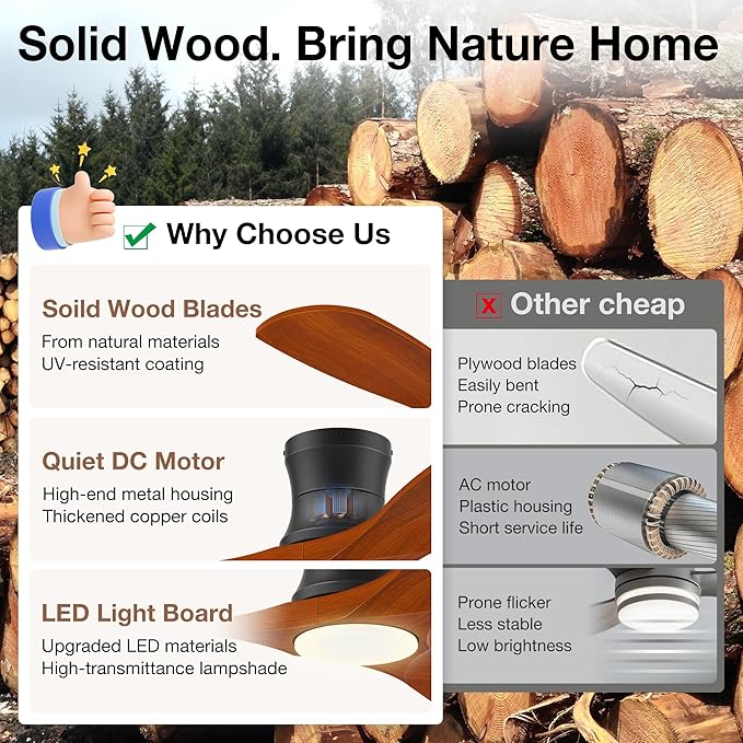 Smart 52” Wood Flush Mount Ceiling Fans with Lights Remote,Quiet DC Motor,Outdoor Indoor Low Profile Ceiling Fan,Voice Contorl with WIFI Alexa App Control,Modern fan for Bedroom Patio