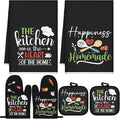 Sratte 6 Pcs Kitchen Decor Accessories Set Farmhouse Towels Pot Holders Oven Mitts Set 2 Dish Towels 2 Potholders 2 Cooking Mittens Oven Glove for Christmas Baking Cooking (Black Color)