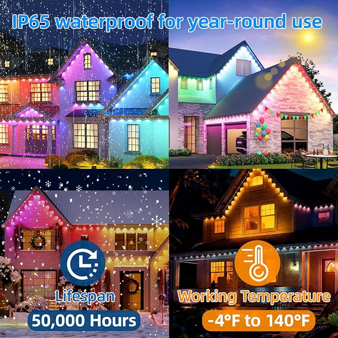 Permanent Outdoor Lights Pro, 50ft with 36 RGB LED Lights for Daily and Accent Lighting, IP65 Waterproof Smart Eaves String Lights with App & Remote, Rainbow Light for Halloween,Christmas -50FT