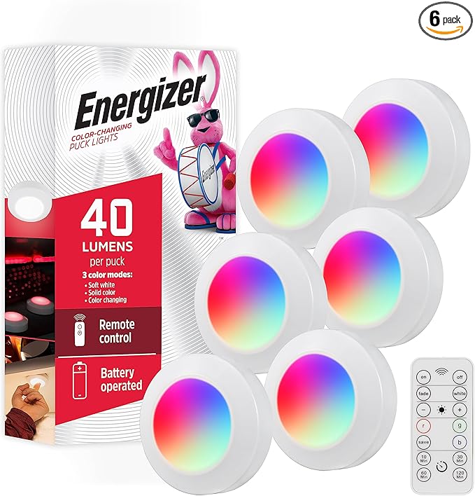 Energizer LED Puck Lights, 6 Pack, Color Changing, Battery Powered, Under Cabinet Lighting, Wireless Lights, 40 Lumens, Remote Controlled, Perfect for Under Cabinet, Bedroom, Closets and More,59332-T1