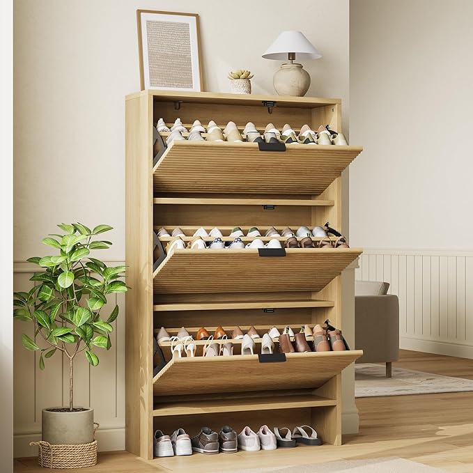 Garvee Shoe Storage Cabinet for Entryway, Fluted Shoe Cabinet with 3 Flip Drawers Doors, 32" Wide Hidden Shoe Rack Tall Freestanding Shoe Organizer for Entrance, Hallway, Living Room, Natural