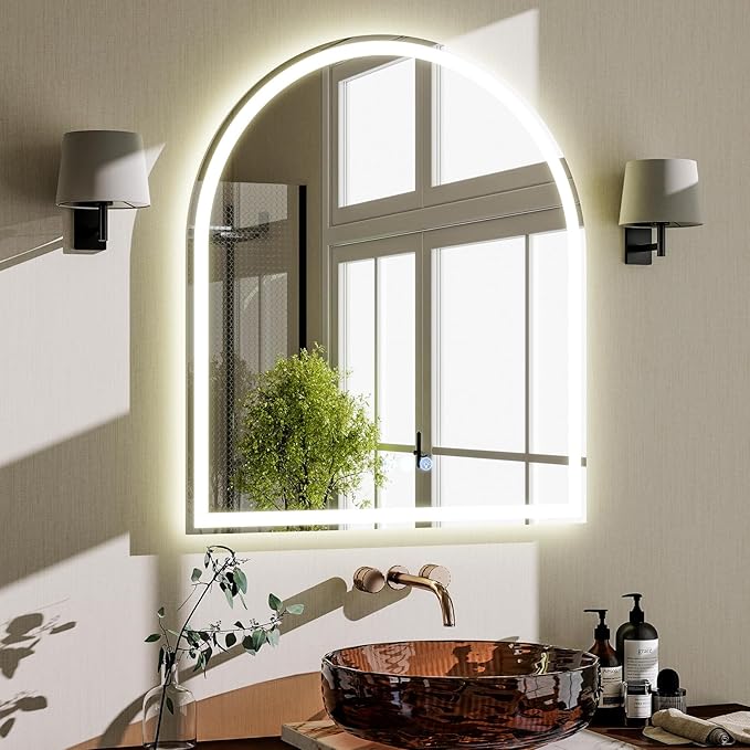 BEAUTYPEAK 34x30 LED Arch Bathroom Mirror with Lights, Anti-Fog, Dimmable, Backlit + Front Lit, Lighted Bathroom Vanity Mirror for Wall, 3 Colors, Memory Function, Tempered Glass, Shatter-Proof