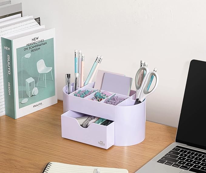 My Space Organizers Lavender Desk Organizer for Office Supplies and Desk Accessories - Pen Holder Desktop Organization for Room College Dorm Home School (White Lavender)