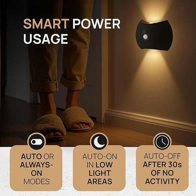 Battery Operated Wall Sconces Set of Two, Rechargeable Wireless LED Wall Lights — Motion Sensor, No Drill Magnetic Mount, 3 Modes, for Bedroom Hallway Stairs, Black