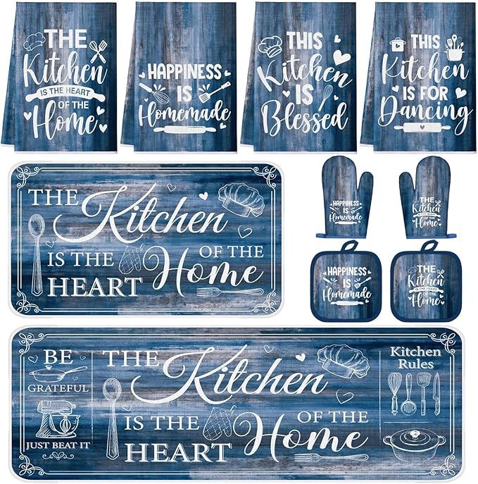 Fourluoo 10 Pcs Farmhouse Kitchen Decor and Accessories Set 4 Kitchen Towels 2 Pot Holders 2 Oven Mitts 2 Rugs for Cooking Baking Mom Housewarming Gifts(Blue,Classic Style)