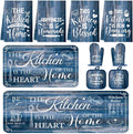 Fourluoo 10 Pcs Farmhouse Kitchen Decor and Accessories Set 4 Kitchen Towels 2 Pot Holders 2 Oven Mitts 2 Rugs for Cooking Baking Mom Housewarming Gifts(Blue,Classic Style)